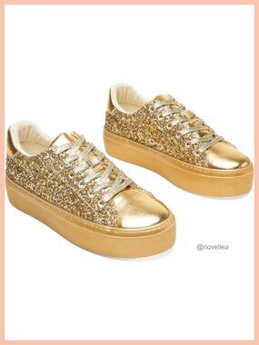 Glitter Platform Sneakers Lace-Up Chunky Low-Top Walking Tennis Shoes